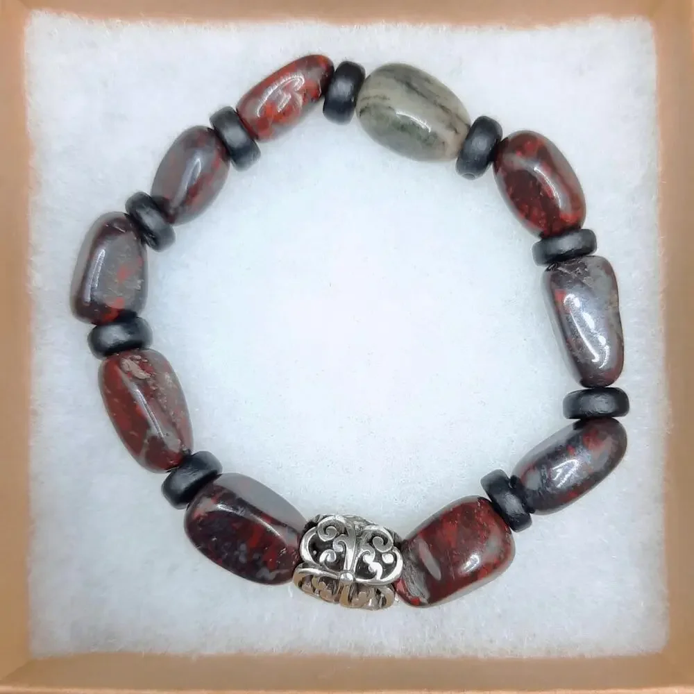 Natural Red Jasper Beaded Bracelet Unisex Black Hematite Earthy Boho Chic NEW